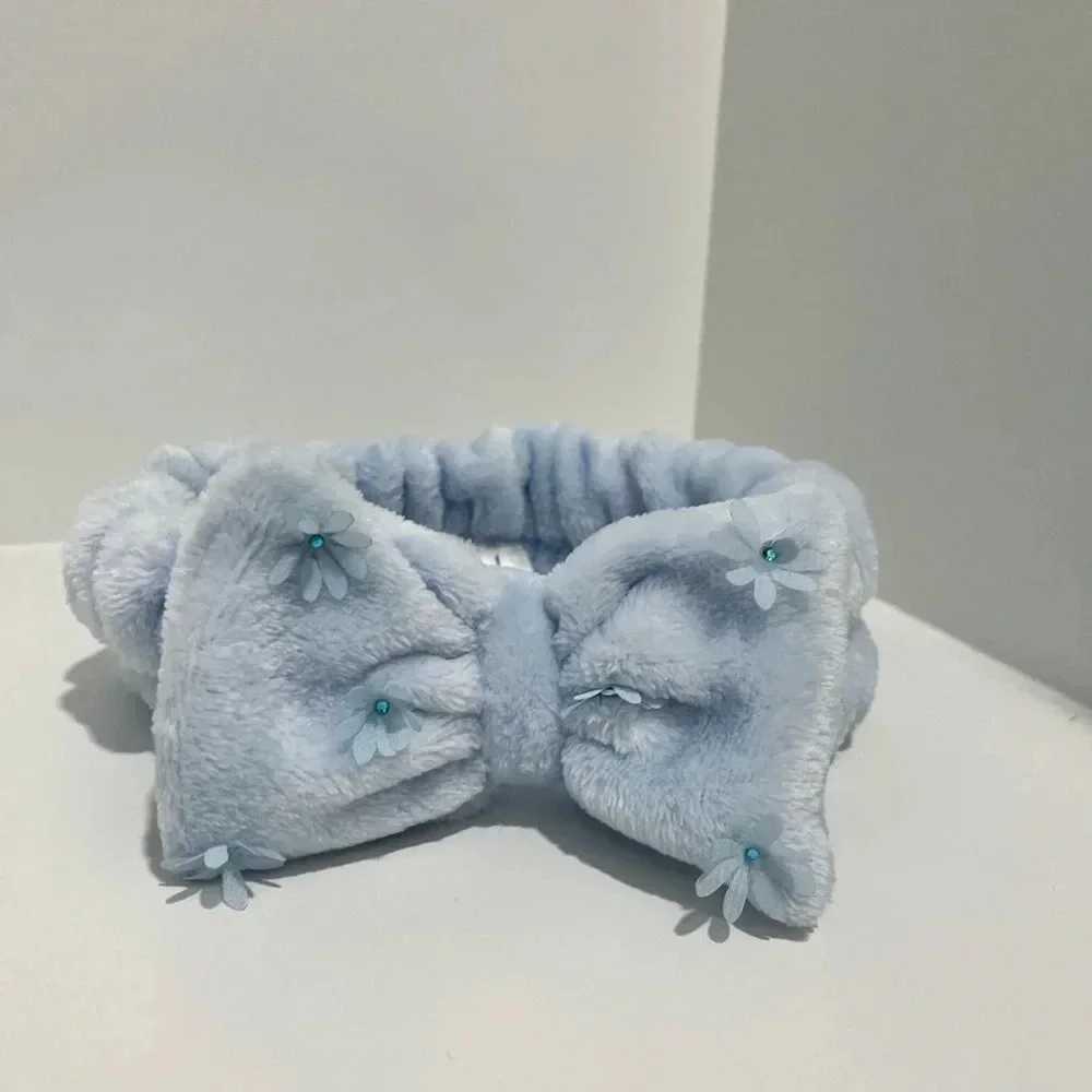 Claire’s Blue Floral Plush Makeup Bow Headwrap NWT